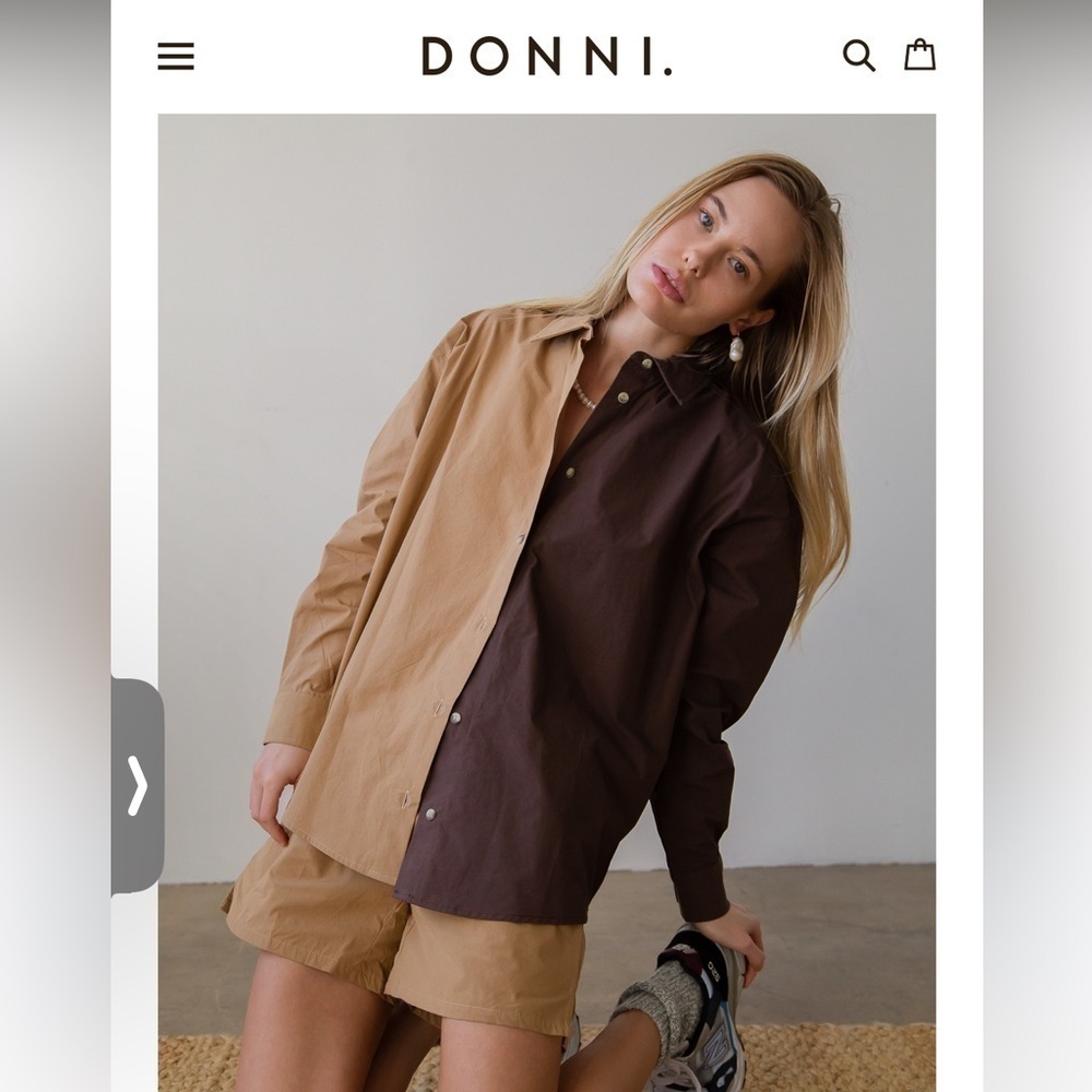 DONNI. Two-Tone Button Down Shirt in Brown and Tan